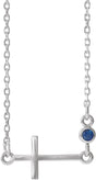 14K Gold Round Lab-Grown Blue Sapphire Accented Sideways Cross Necklace - White Gold