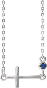 14K Gold Round Natural Blue Sapphire Accented Sideways Cross Necklace - White Gold