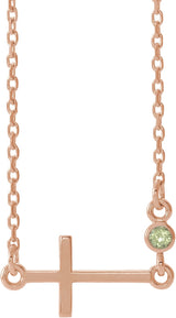 14K Gold Round Natural Peridot Accented Sideways Cross Necklace - Rose Gold