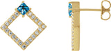 14K Gold Square Natural Aquamarine Accented Geometric Earrings - Yellow Gold