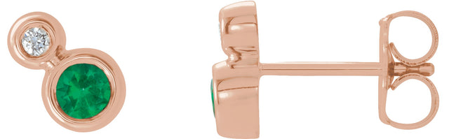 14K Gold Round Lab-Grown Emerald Accented Bezel-Set Earrings – 3-5mm Stones - Rose Gold