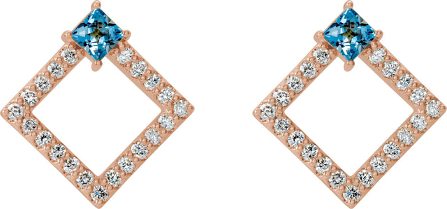 14K Gold Square Natural Aquamarine Accented Geometric Earrings - Rose Gold - view 2