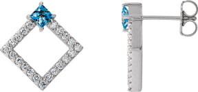14K Gold Square Natural Aquamarine Accented Geometric Earrings - White Gold