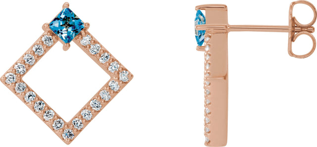 14K Gold Square Natural Aquamarine Accented Geometric Earrings - Rose Gold