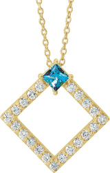 14K Gold Square Natural Aquamarine Accented Geometric Necklace or Pendant - Yellow Gold