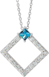 Platinum Square Natural Aquamarine Accented Geometric Necklace or Pendant