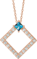14K Gold Square Natural Aquamarine Accented Geometric Necklace or Pendant - Rose Gold