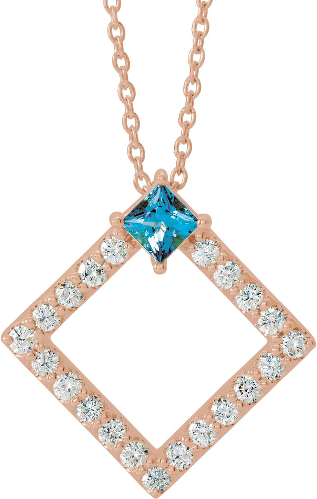 14K Gold Square Natural Aquamarine Accented Geometric Necklace or Pendant - Rose Gold