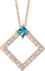 14K Gold Square Natural Aquamarine Accented Geometric Necklace or Pendant - Rose Gold