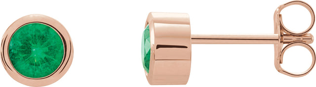 14K Gold Lab-Grown Emerald Round Bezel-Set Birthstone Stud Earrings - Rose Gold