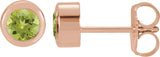 14K Gold Natural Peridot Round Bezel-Set Birthstone Stud Earrings - Rose Gold