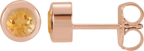 14K Gold Natural Citrine Round Bezel-Set Birthstone Stud Earrings - Rose Gold