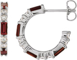 14K Gold Straight Baguette Natural Mozambique Garnet Accented Hoop Earrings - White Gold