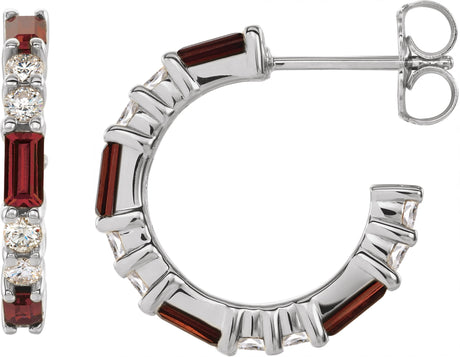 14K Gold Straight Baguette Natural Mozambique Garnet Accented Hoop Earrings - White Gold