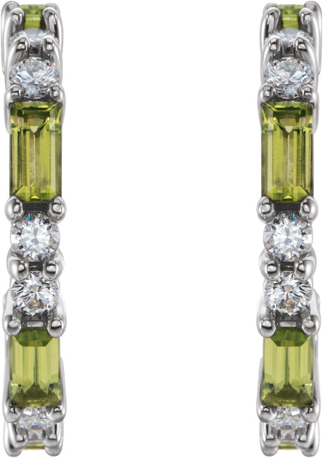 Platinum Straight Baguette Natural Peridot Accented Hoop Earrings - view 2