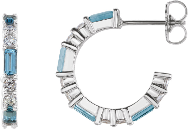 14K Gold Straight Baguette Natural Aquamarine Accented Hoop Earrings - White Gold