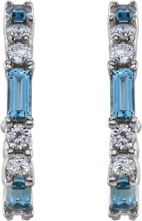 Platinum Straight Baguette Natural Aquamarine Accented Hoop Earrings - view 2
