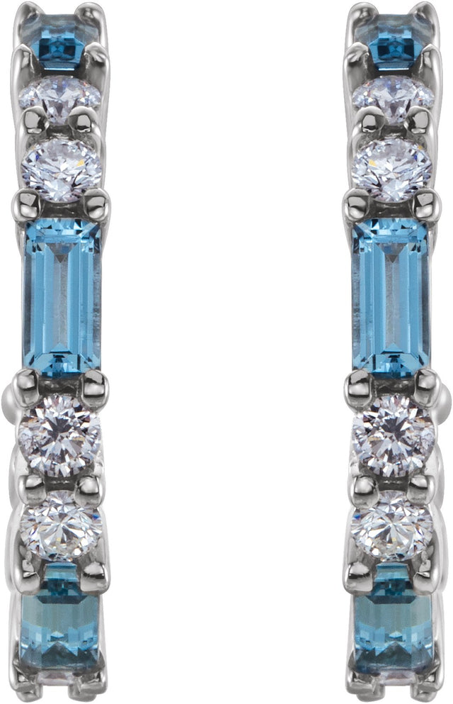 14K Gold Straight Baguette Natural Aquamarine Accented Hoop Earrings - White Gold - view 2