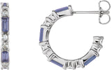 14K Gold Straight Baguette Natural Tanzanite Accented Hoop Earrings - White Gold