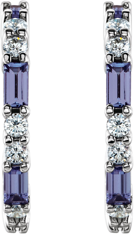 Platinum Straight Baguette Natural Tanzanite Accented Hoop Earrings - view 2