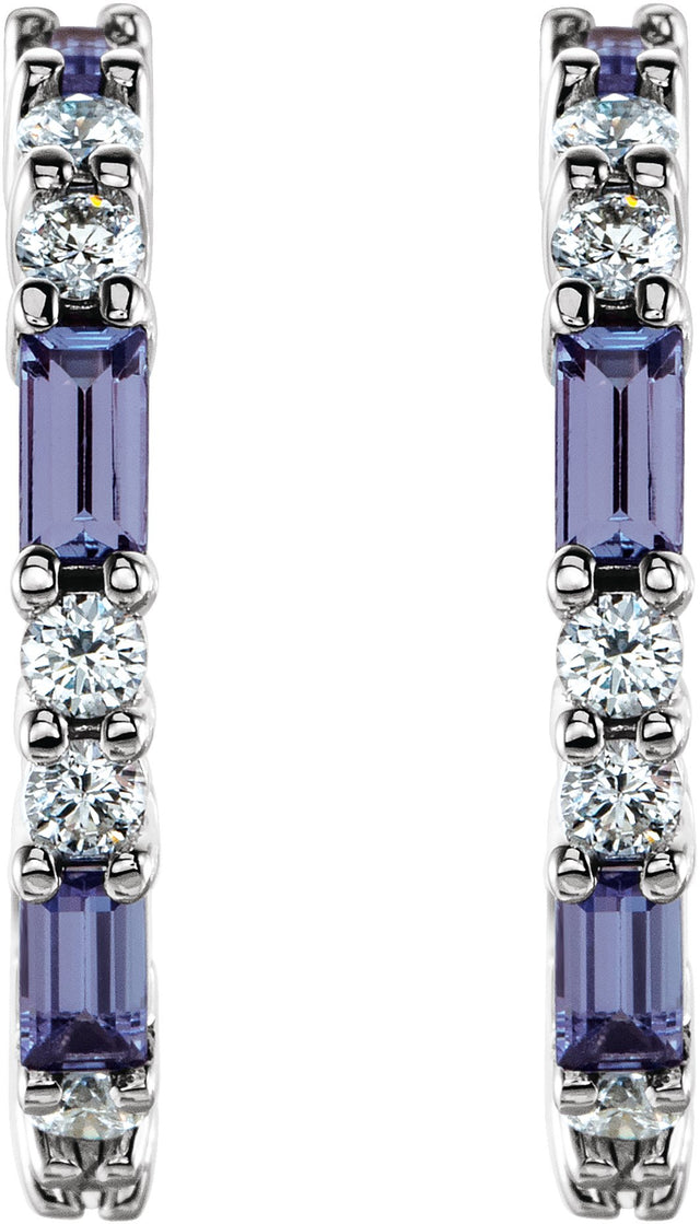 Platinum Straight Baguette Natural Tanzanite Accented Hoop Earrings - view 2