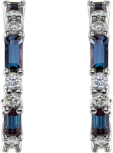 14K Gold Straight Baguette Lab-Grown Alexandrite Accented Hoop Earrings - White Gold - view 2