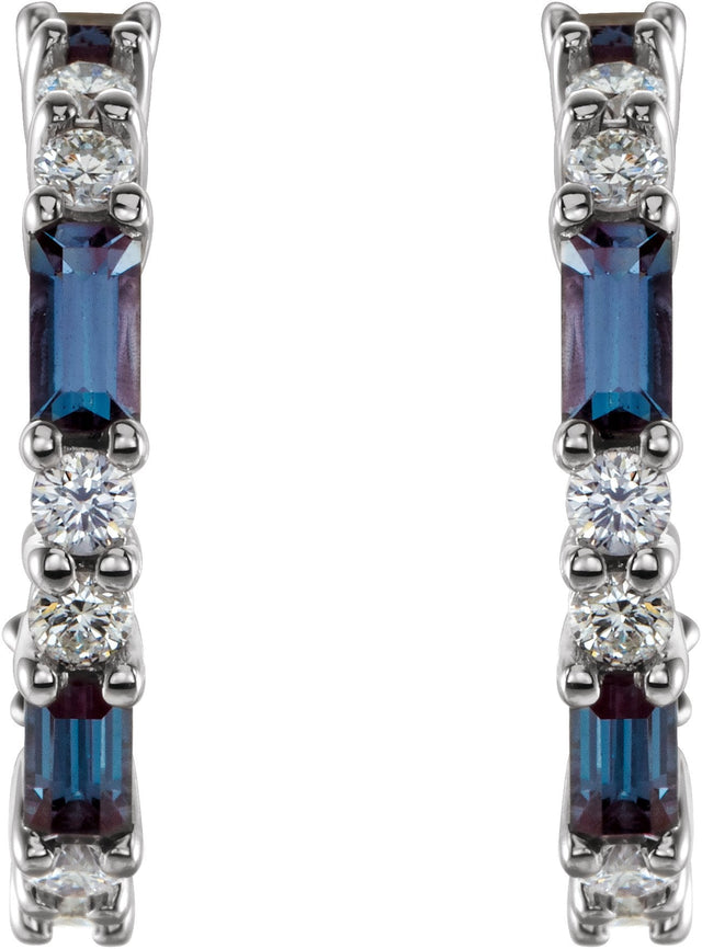 14K Gold Straight Baguette Lab-Grown Alexandrite Accented Hoop Earrings - White Gold - view 2