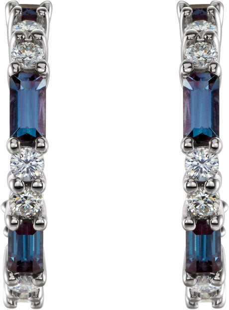 Platinum Straight Baguette Lab-Grown Alexandrite Accented Hoop Earrings - view 2