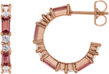 14K Gold Straight Baguette Natural Pink Tourmaline Accented Hoop Earrings - Rose Gold