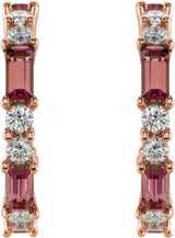 14K Gold Straight Baguette Natural Pink Tourmaline Accented Hoop Earrings - Rose Gold - view 2