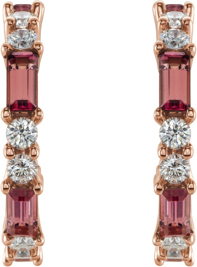 14K Gold Straight Baguette Natural Pink Tourmaline Accented Hoop Earrings - Rose Gold - view 2