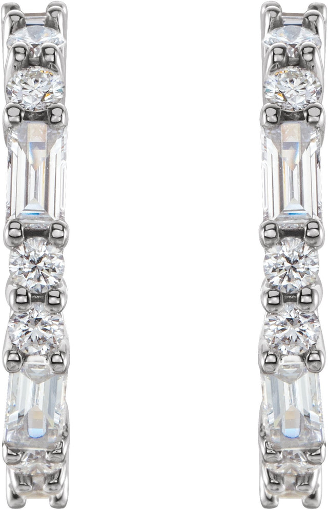 14K Gold Straight Baguette Natural Diamond Accented Hoop Earrings - White Gold - view 2