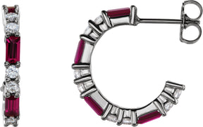 14K Gold Straight Baguette Lab-Grown Ruby Accented Hoop Earrings - White Gold