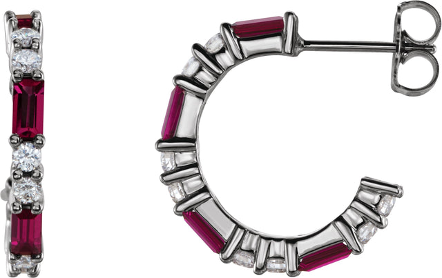 14K Gold Straight Baguette Lab-Grown Ruby Accented Hoop Earrings - White Gold