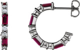Platinum Straight Baguette Lab-Grown Ruby Accented Hoop Earrings