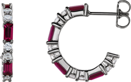 Platinum Straight Baguette Lab-Grown Ruby Accented Hoop Earrings