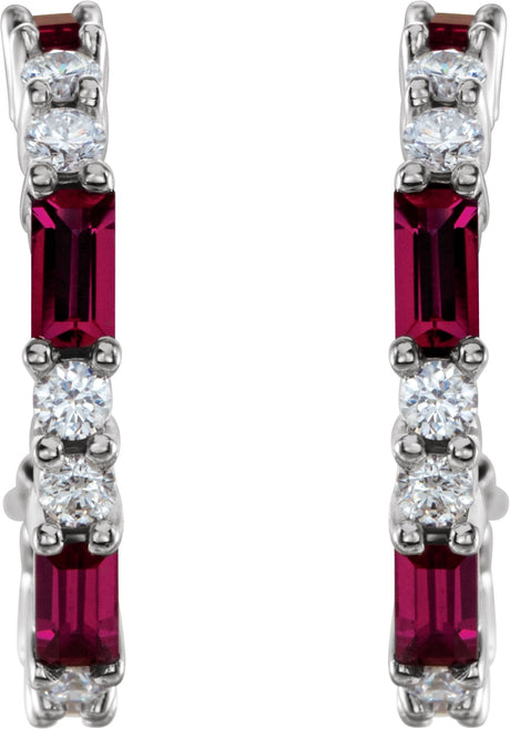 Platinum Straight Baguette Lab-Grown Ruby Accented Hoop Earrings - view 2