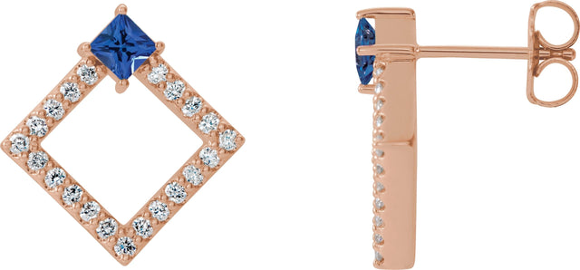 14K Gold Square Natural Tanzanite Accented Geometric Earrings - Rose Gold