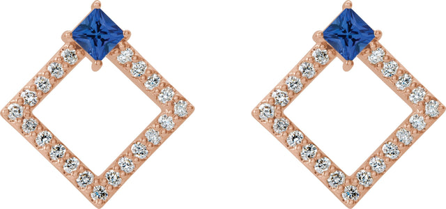 14K Gold Square Natural Blue Sapphire Accented Geometric Earrings - Rose Gold - view 2
