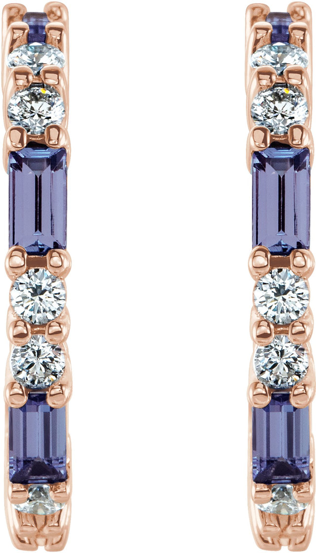 14K Gold Straight Baguette Natural Tanzanite Accented Hoop Earrings - Rose Gold - view 2
