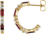 14K Gold Straight Baguette Natural Mozambique Garnet Accented Hoop Earrings - Yellow Gold