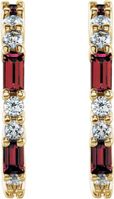 14K Gold Straight Baguette Natural Mozambique Garnet Accented Hoop Earrings - Yellow Gold - view 2