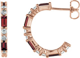 14K Gold Straight Baguette Natural Mozambique Garnet Accented Hoop Earrings - Rose Gold