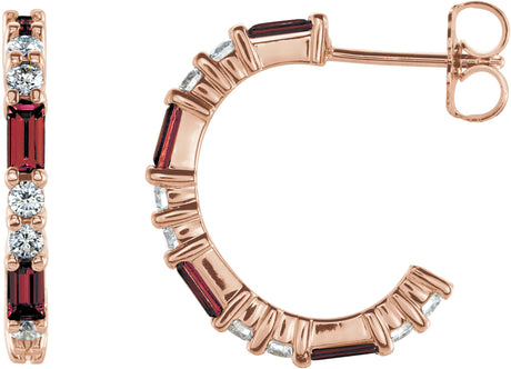 14K Gold Straight Baguette Natural Mozambique Garnet Accented Hoop Earrings - Rose Gold