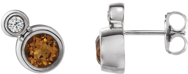 14K Gold Round Natural Citrine Accented Bezel-Set Earrings – 3-5mm Stones - White Gold