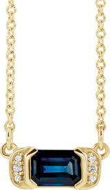 14K Gold Emerald Natural Blue Sapphire Accented Bar Necklace - Yellow Gold