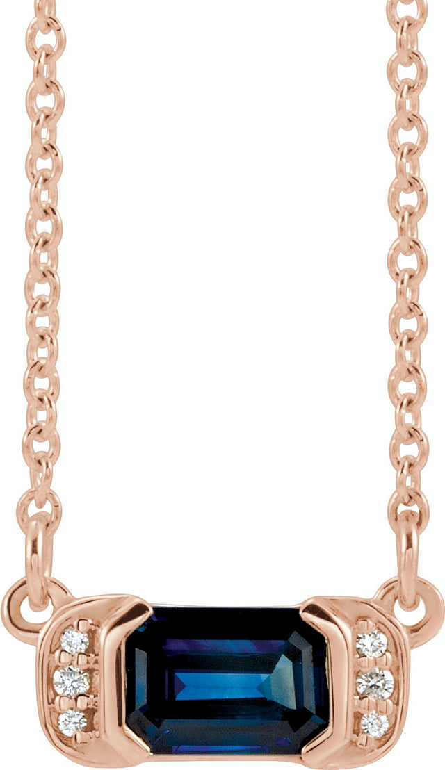 14K Gold Emerald Natural Blue Sapphire Accented Bar Necklace - Rose Gold