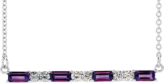 Platinum Straight Baguette Natural Amethyst Accented Bar Necklace