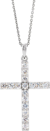 14K Gold Round Natural Diamond Accented Cross Necklace or Pendant - White Gold