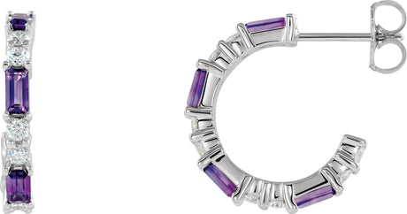 Platinum Straight Baguette Natural Amethyst Accented Hoop Earrings